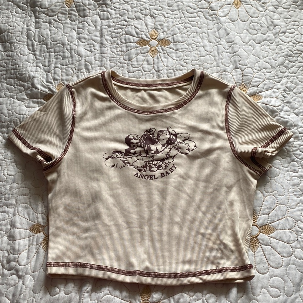Angel & Letter Print Contrast Stitch Tee, in medium from shein